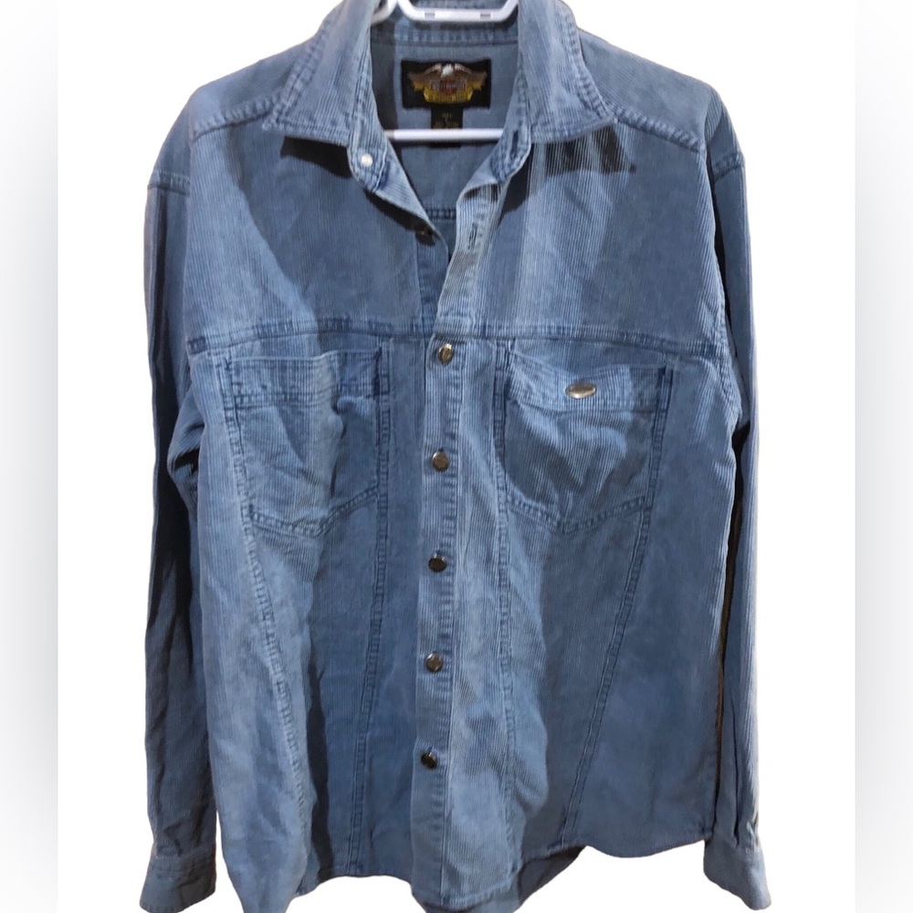 Harley Davidson Corduroy Button Shirt Long Sleeve Blue Biker Motorcycle Large